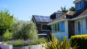 solar panels with battery storage on modern residential home